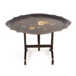 A VICTORIAN PAINTED TOLEWARE TRAY on stand, 81cm wide x 66cm deep x 53cm high