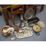 AN ANTIQUE PEWTER CHARGER together with a brass bowl in the Oriental style, a silver plated