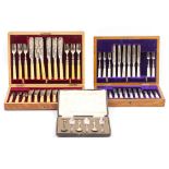 AN OAK CASED CANTEEN OF DESSERT KNIVES AND FORKS with mother of pearl handles and silver blades, one