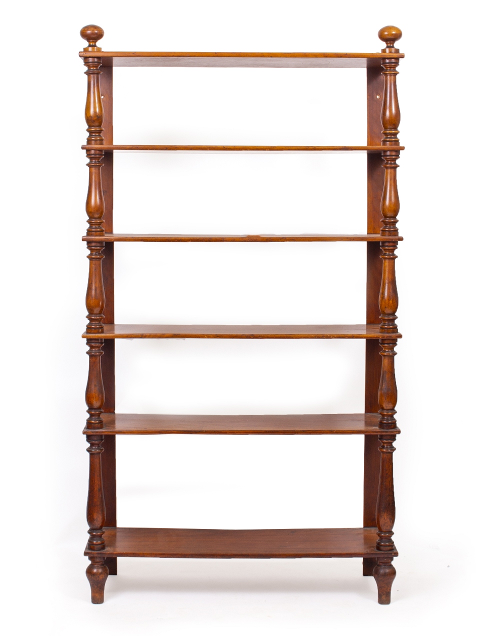 A SET OF VICTORIAN SATIN BIRCH SHELVES each shelf with a turned support to the front corners, 91cm