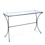 A CONTEMPORARY WROUGHT IRON RECTANGULAR CONSOLE TABLE with inset glass top and splaying legs,