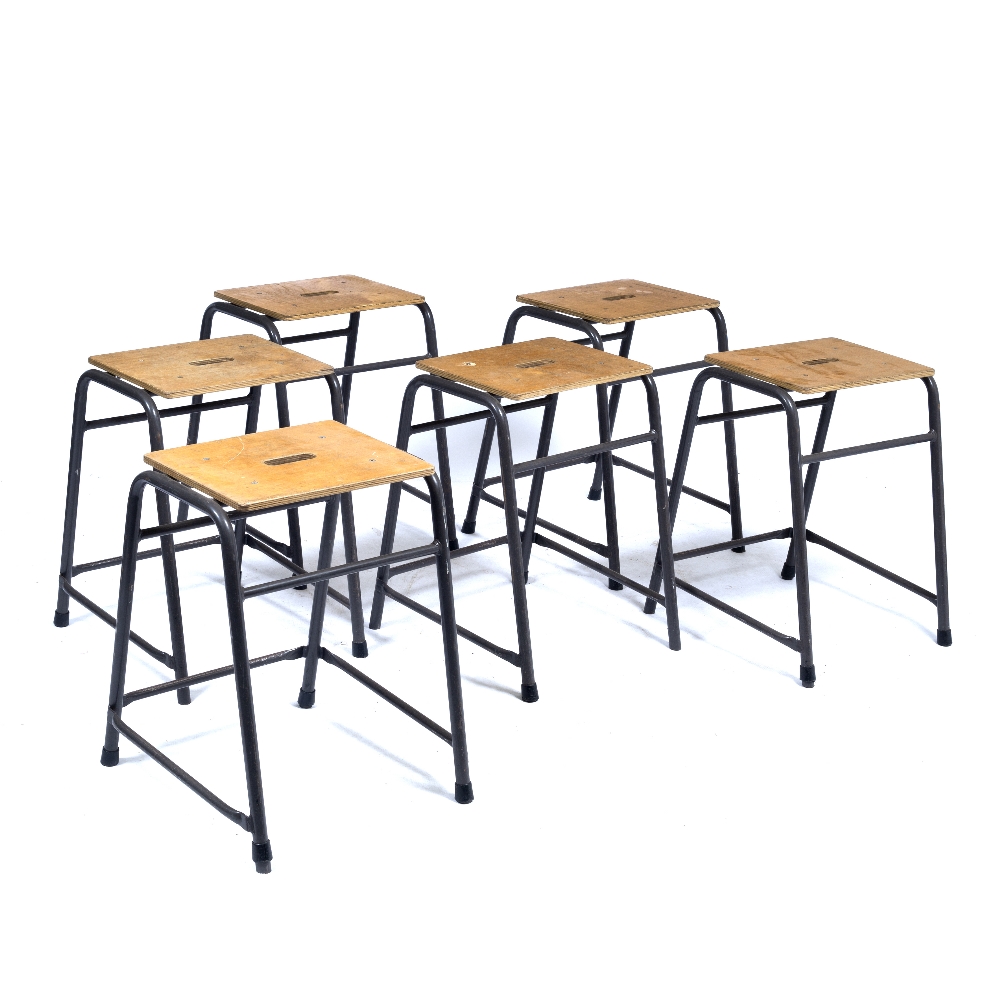 A SET OF SIX GREY PAINTED TUBULAR STEEL STOOLS with rectangular plywood tops, each 41cm wide x