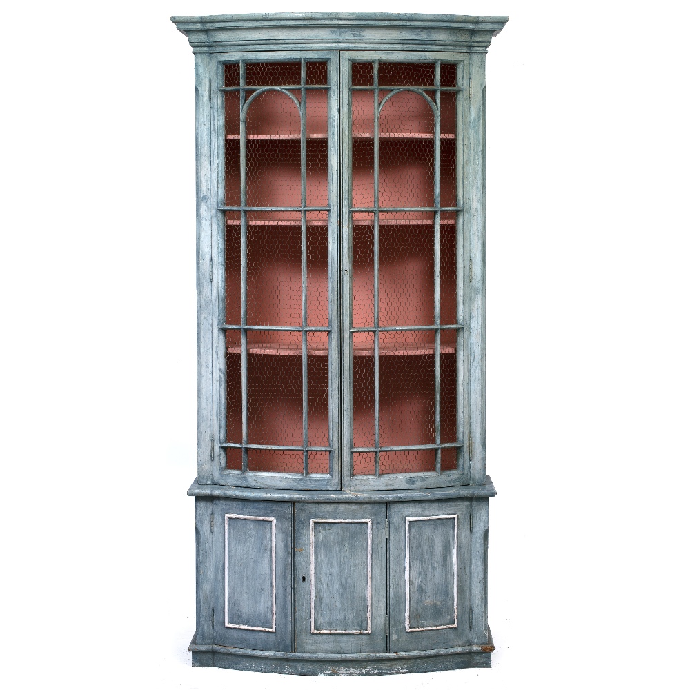 A BLUE PAINTED GEORGIAN STYLE BOW FRONTED CABINET the upper section with twin wire mesh doors
