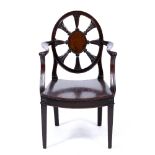 A 19TH CENTURY MAHOGANY HEPPLEWHITE STYLE OPEN ARMCHAIR with oval carved back, acanthus leaf