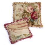 AN AUBUSSON TAPESTRY FRAGMENT SET CUSHION decorated with roses, 45cm x 40cm together with a