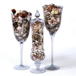 TWO OVERSIZED GLASS GOBLETS containing seashells, together with a vase and cover also containing