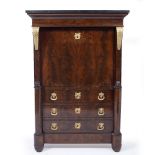 A LOUIS PHILIPPE STYLE MARBLE TOPPED MAHOGANY SECRETAIRE ABBATANT with gilt metal mounts, the fall