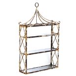 A PAINTED METAL THREE TIER HANGING SHELF with lattice sides and mirrored shelves, 46cm wide x 12.5cm