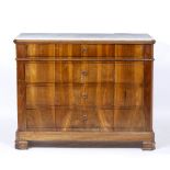 A 19TH CENTURY BIEDERMEIER STYLE CHESTNUT COMMODE with inset marble top and four long drawers,