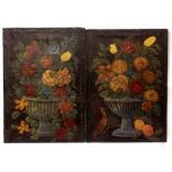 A PAIR OF 19TH CENTURY STILL LIFE OIL PAINTINGS ON LEATHER each 70cm x 49cm