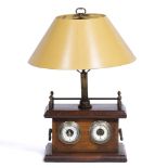 A MAHOGANY THERMOMETER AND BAROMETER DESK LAMP 38cm wide x 26cm deep x 68cm high