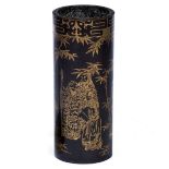 AN ORIENTAL BLACK LACQUERED JARDINIERE OR STAND of cylindrical form, decorated with figures among