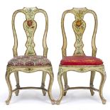 A PAIR OF EARLY 18TH CENTURY STYLE PAINTED SIDE CHAIRS with vase shaped splats, inset seats and