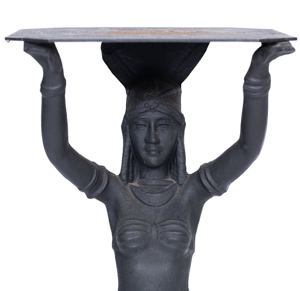 A BLACK PAINTED CAST IRON EGYPTOMANIA TABLE BASE with female figural support and a stepped base, - Image 2 of 2