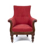 A WILLIAM IV MAHOGANY ARMCHAIR with red upholstery, scrolling arms and ring turned tapering front