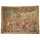 A REPRODUCTION TAPESTRY PICTURE depicting a classical Flemish scene with figures on horseback, 220cm