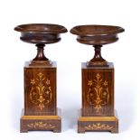 A PAIR OF TURNED ROSEWOOD AND SATINWOOD INLAID TAZZA of urn form on rectangular plinths, each 10.5cm