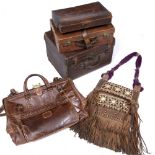 AN OLD LEATHER CASE 43cm wide x 28cm high together with three further leather cases and a pony