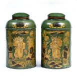 A PAIR OF LATE 19TH / EARLY 20TH CENTURY PAINTED TOLEWARE TEA CANISTERS each with a green ground and