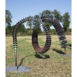 A COPPER AND STEEL GARDEN SCULPTURE BY DAVID HARBER 'Coluna', approximately 280cm long x 140cm