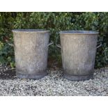 A PAIR OF OLD 'ML RDG' GALVANISED BINS with riveted looping handles, 43cm diameter x 53.5cm high (