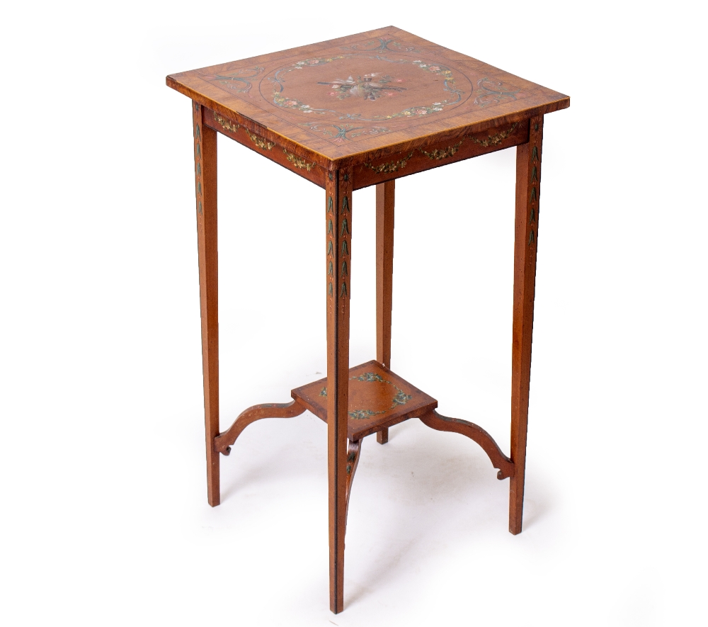 AN EDWARDIAN SATINWOOD SQUARE OCCASIONAL TABLE with walnut crossbanded top and with painted