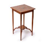 AN EDWARDIAN SATINWOOD SQUARE OCCASIONAL TABLE with walnut crossbanded top and with painted