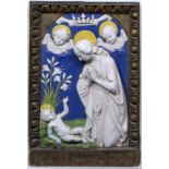 A 19TH CENTURY TIN GLAZED TERRACOTTA DELLA ROBBIA STYLE RELIEF PLAQUE depicting the adoration of The