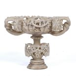 A 19TH CENTURY VINE CARVED ALABASTER VASE on a turned support, 45cm wide x 28cm deep x 35cm high