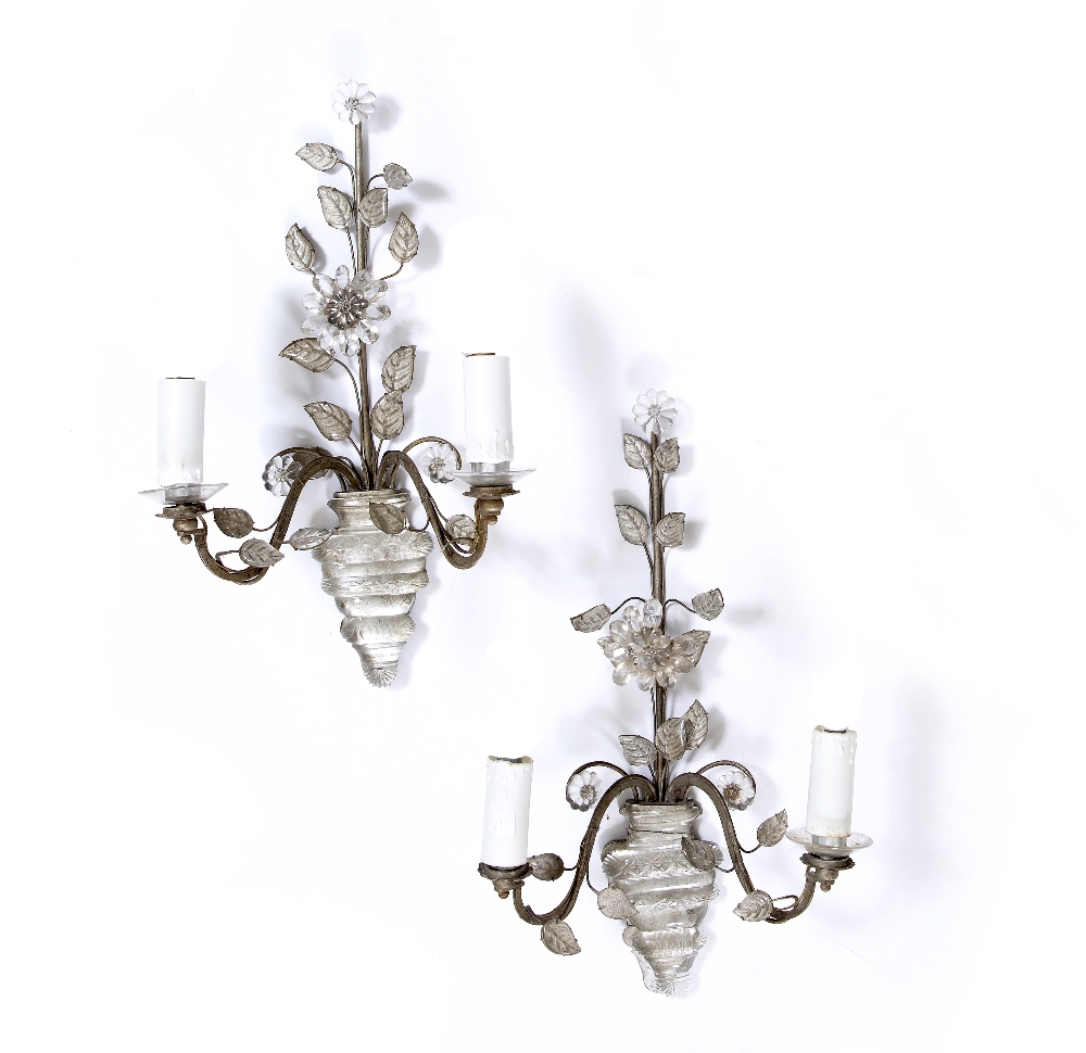 A PAIR OF EARLY 20TH CENTURY VENETIAN GLASS TWIN BRANCH WALL LIGHTS each of urn form with flower and