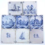 A GROUP OF EIGHT DUTCH DELFT TIN GLAZED BLUE AND WHITE TILES each 13cm square