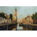 ROBERT STANNAGE A canal view in Venice with campolina and gondolier, acrylic on canvas, signed lower