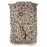 A CREWEL WORK PANEL in wool and embroidery with large bold floral decoration, 115cm wide x 160cm