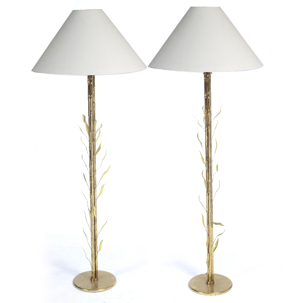 A PAIR OF GILT METAL LAMP STANDARDS with bamboo cluster central columns radiating leaves, 61cm