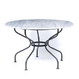 A GREY VEINED MARBLE TOPPED CIRCULAR TABLE with black painted wrought iron base, 124cm diameter x