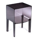 A GREY PERSPEX BOW FRONTED SIDE TABLE on shaped tapering legs, 41cm wide x 35cm deep x 57cm high