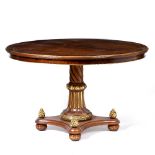 A 19TH CENTURY FRENCH STYLE CIRCULAR CENTRE TABLE the top on a parcel gilt column support with