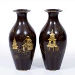 A PAIR OF BROWN LACQUERED PAPIER MACHE BALUSTER VASES by Jennens & Bettridge, decorated with