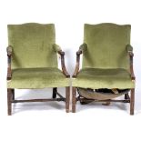 A PAIR OF MAHOGANY GAINSBOROUGH STYLE ARMCHAIRS with green Draylon upholstery and blind fretwork