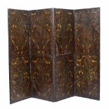 A 19TH CENTURY EMBOSSED LEATHER FOUR FOLD SCREEN with painted panels depicting flowers and scrolling