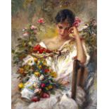 JOSÉ ROYO (b.1945) Girl seated with a vase of flowers, serigraph, signed and numbered 58/160, 91cm x