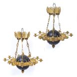 A PAIR OF 18TH CENTURY FRENCH STYLE GILT CHANDELIERS in the form of celestial globes beneath nine