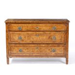 A LATE 18TH CENTURY ITALIAN, POSSIBLY MILANESE, THREE DRAWER COMMODE with decorated parquetry and