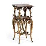 A VICTORIAN SCUMBLE DECORATED BAMBOO SQUARE TOPPED TWO TIER OCCASIONAL TABLE with scroll decoration,