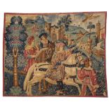 A LATE 20TH CENTURY REPRODUCTION TAPESTRY STYLE PICTURE depicting figures on horseback, 218cm x