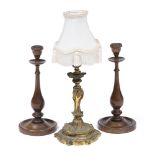 AN ORMOLU TABLE LAMP with acanthus leaf scroll decoration, 44cm in height including the shade