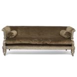 A GILT FRAMED SOFA in the Regency style with gold Draylon upholstery, 224cm wide x 104cm deep x 85cm