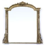 A 19TH CENTURY GILT GESSO MOULDED OVERMANTLE MIRROR the arching top with scrolls and laurel