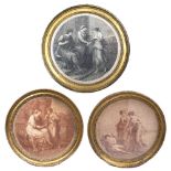 A PAIR OF CIRCULAR PRINTS IN GILT FRAMES after Angelica Kauffman, 37cm diameter together with a