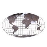 A CUT SHEET METAL MODEL OF A MAP OF THE WORLD 117cm wide